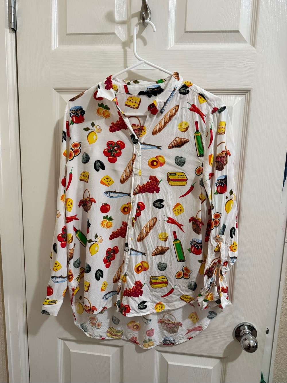 White Button-Up Shirt with Colorful Food Print
